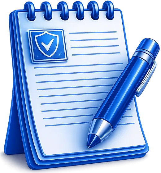 Ilustrace blogu – notepad s perem a štítem